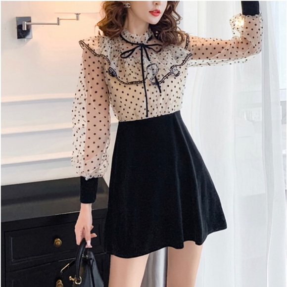 One Piece Lady Polka Dot Bow Ruffled Long Sleeve Mesh Dress - Picture 2 of 5